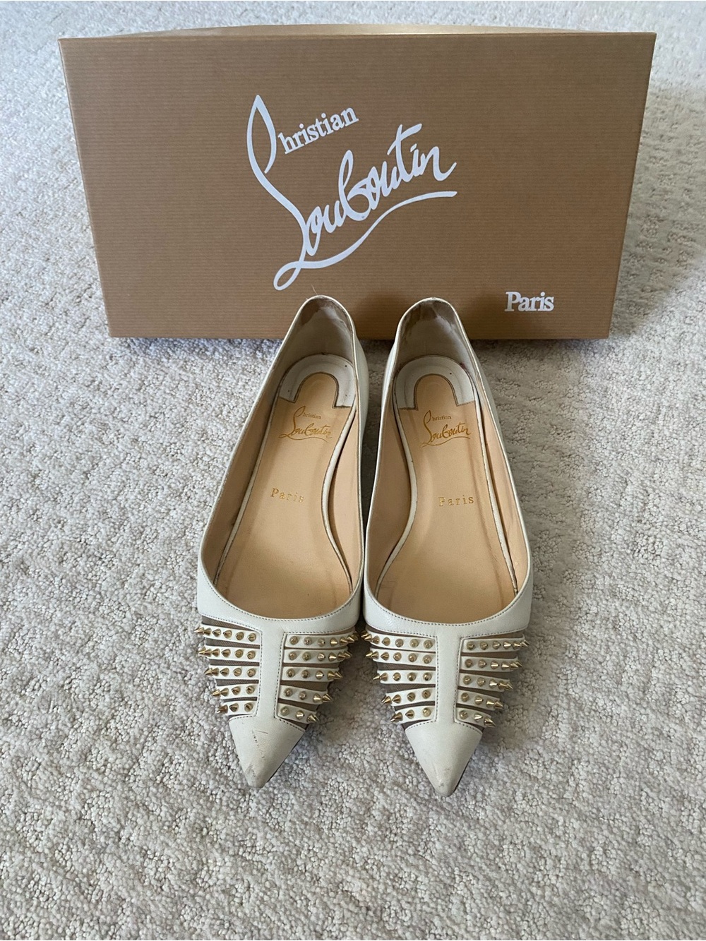 Christian Louboutin Cream Pointed-Toe Studded Flats